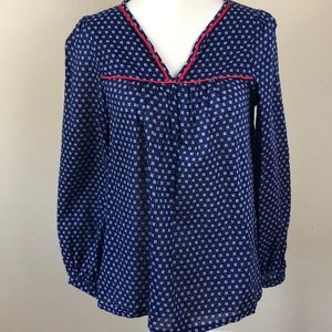 H&M Blue Red & White Long Sleeve V-Neck Peasant Top w/Red Piping Trim - Size 4